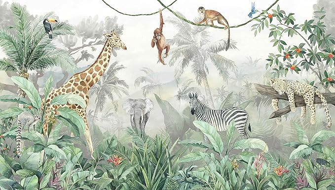 Kids Wallpaper Tropical Leves and Safari Animals Wall Mural for Wall Bedroom Living Room TV Background Sofa Wall (not self-Adhesive)