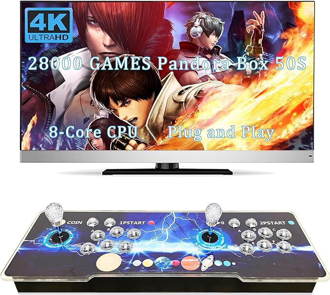 28000 in 1 Pandora Box 50S Arcade Game Console Retro Game Machine for PC & Projector & TV, 2-4 Players,3D Games, Search/Hide/Save/Load/Pause Games, Favorite List,Transparent Keycaps