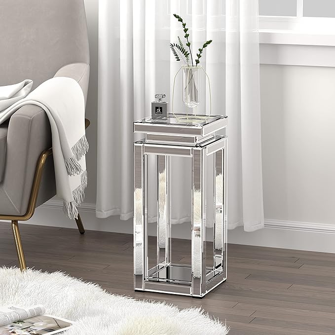 ENENE Mirrored Diamond Setting End Table Glass Decorative Side Table for Living Room Small Spaces Night Stand Modern Pedestal Accent Table for Bedroom Office Hallway Entryway