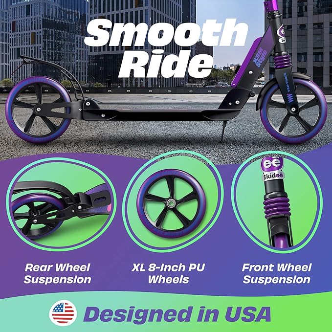 Scooter for Adults and Teens – Adjustable Height, Kids Scooter, Folding Scooter, Large Sturdy Wheels for Smooth Ride, Lightweight, Durable, Anti-Shock Suspension, Outdoor Toys, up to 220 lbs