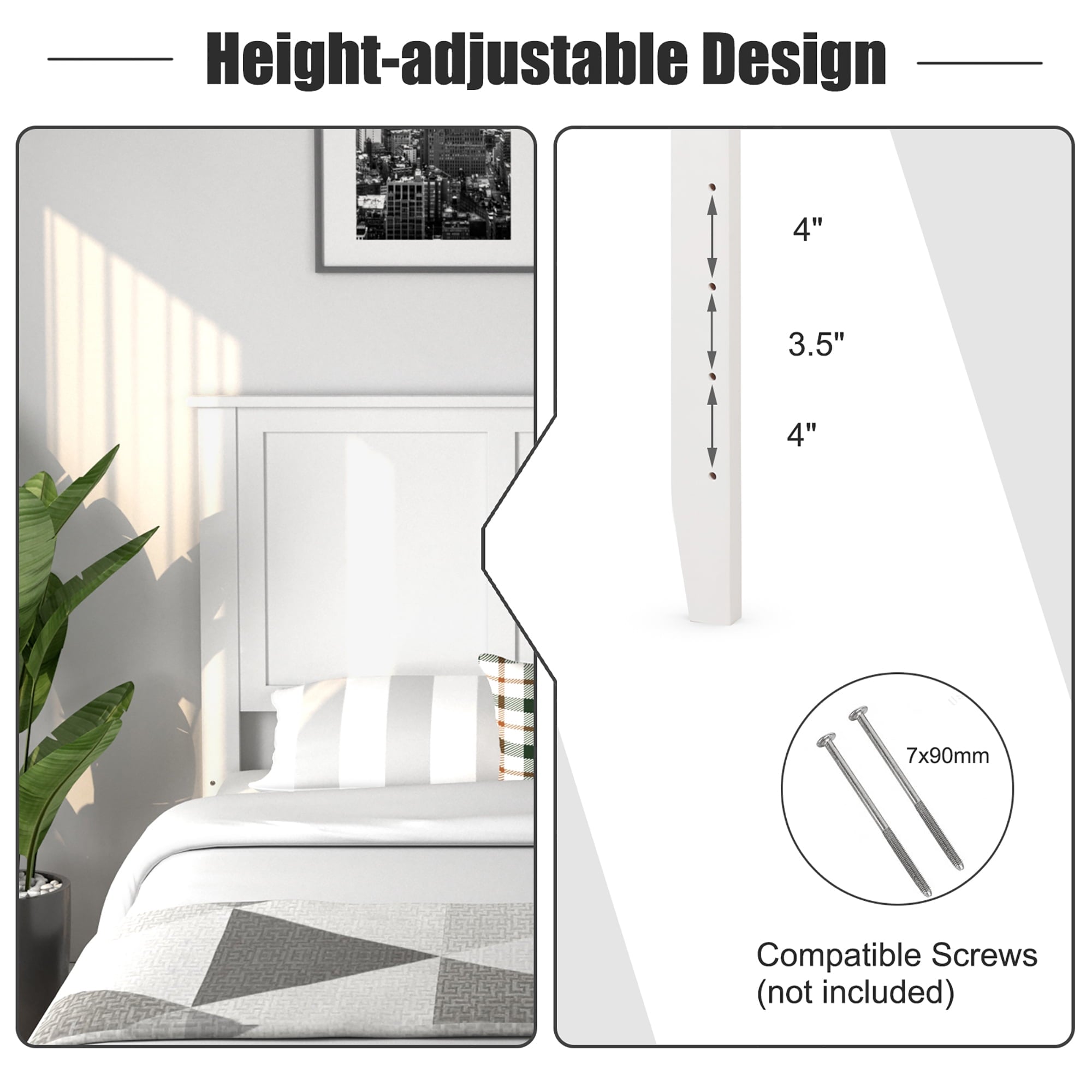 Full Wood Headboard Flat Panel Pre-drilled Holes Height Adjustment White