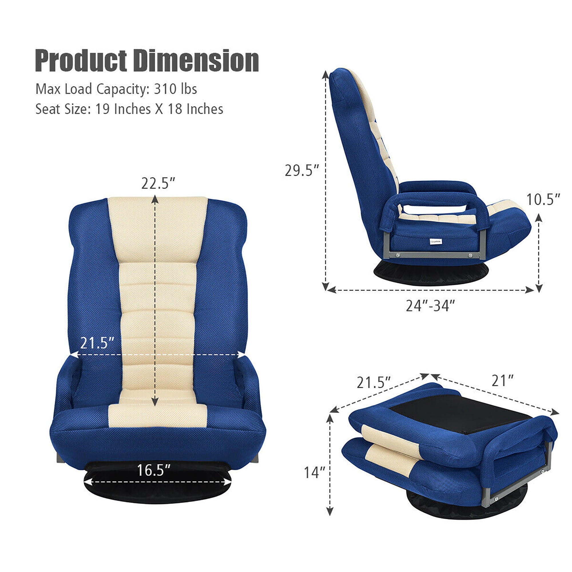 360-Degree Swivel Gaming Floor Chair with Foldable Adjustable Backrest Blue
