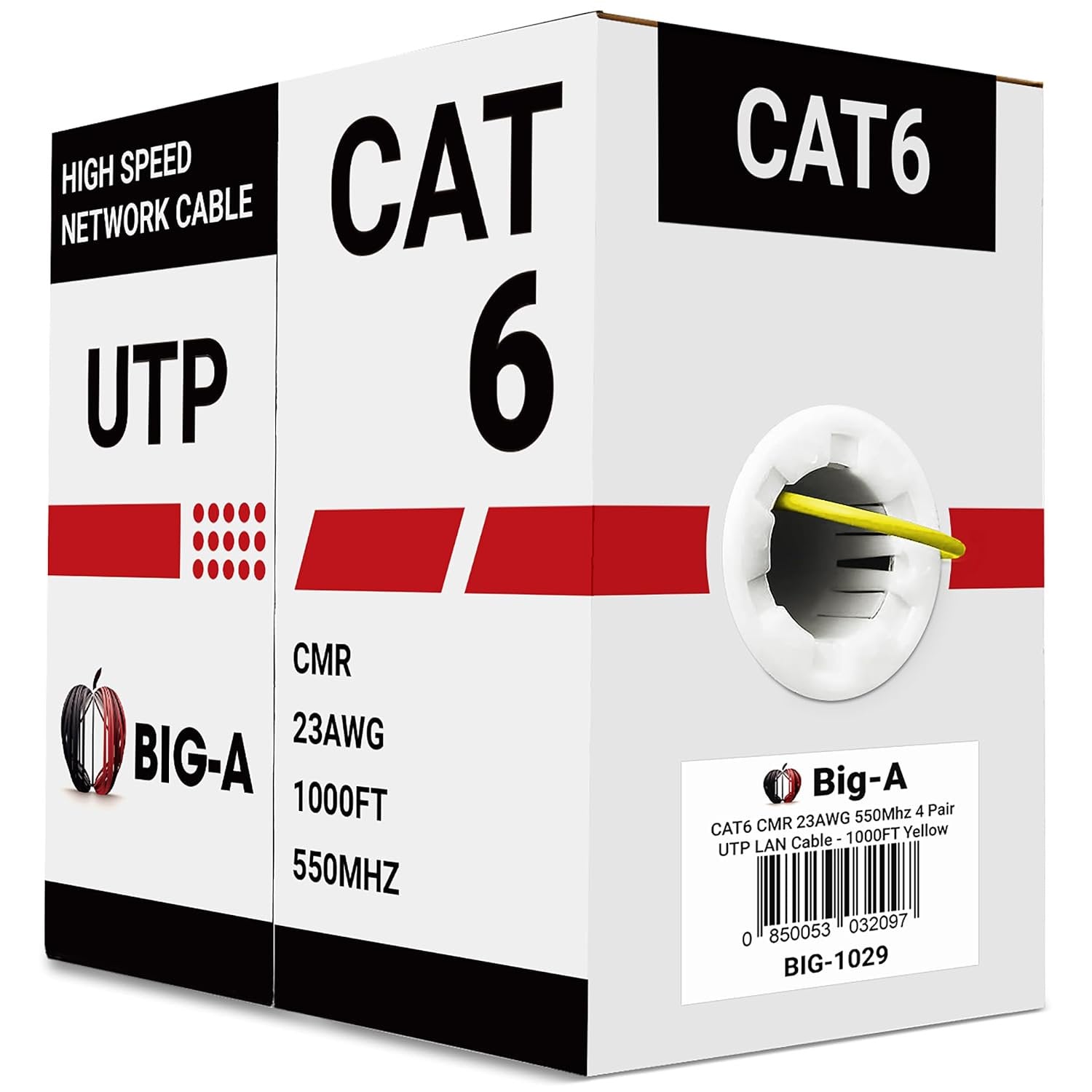 Big-A - Bulk Cat6 Cable 1000ft 23AWG Solid 4 Pair, Cat 6 Ethernet Cable Unshielded Twisted Pair (UTP), (CMR) 550MHz Internet Cable, Pull Box - Yellow