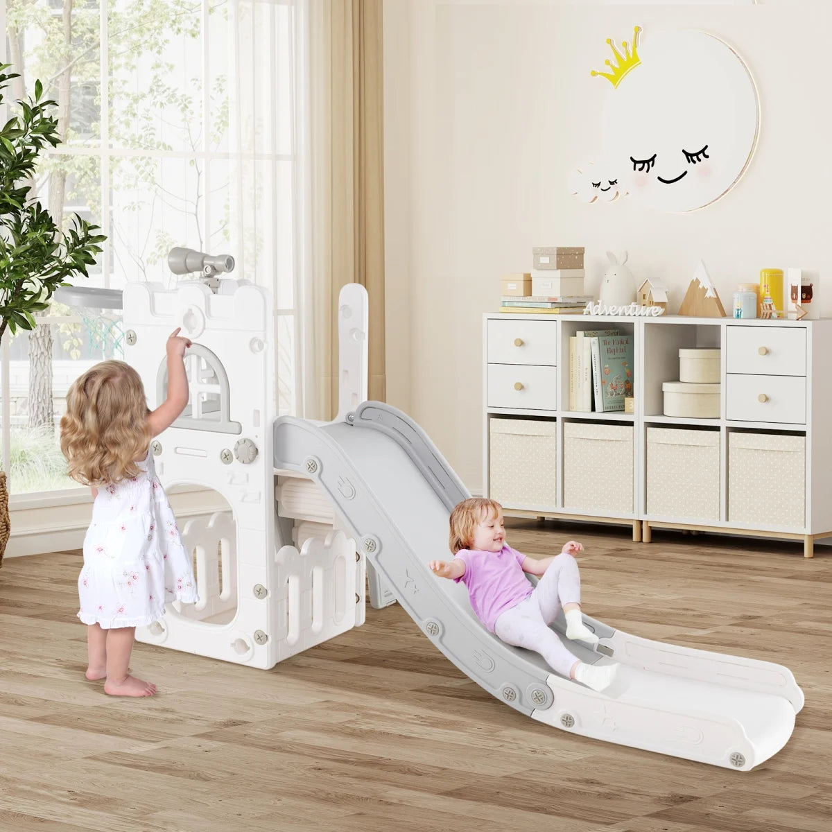 Costway UY10151HB 6-in-1 Toddler Slide L-Shaped Playground with Basketball Hoop & Ladder, Gray