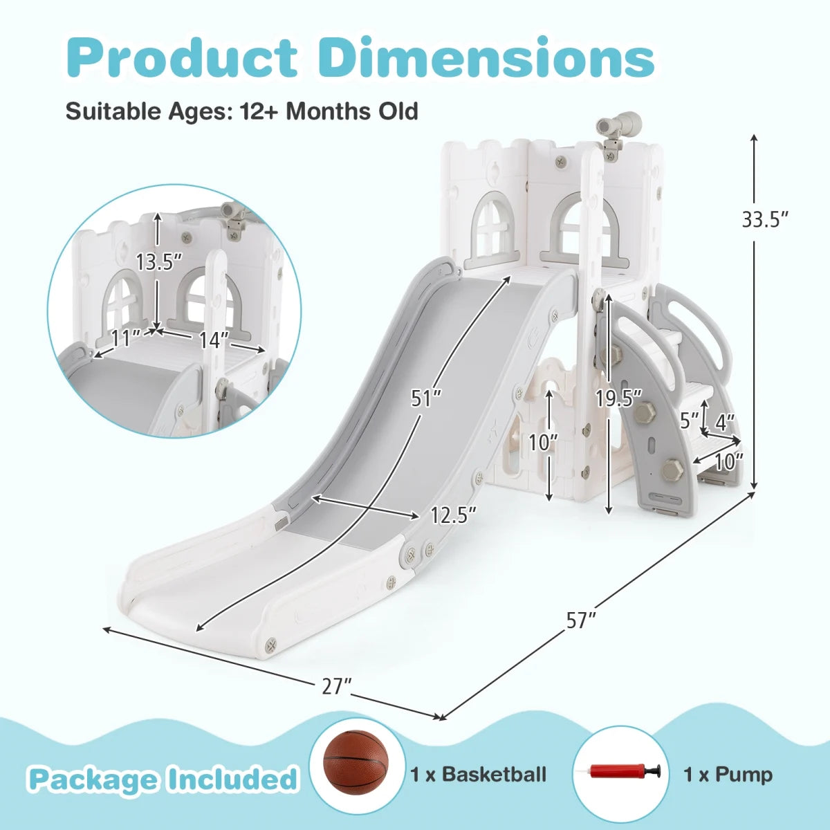 Costway UY10151HB 6-in-1 Toddler Slide L-Shaped Playground with Basketball Hoop & Ladder, Gray