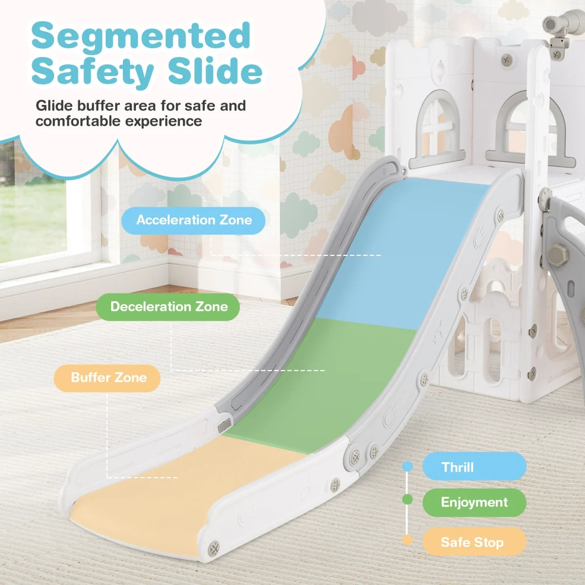 Costway UY10151HB 6-in-1 Toddler Slide L-Shaped Playground with Basketball Hoop & Ladder, Gray