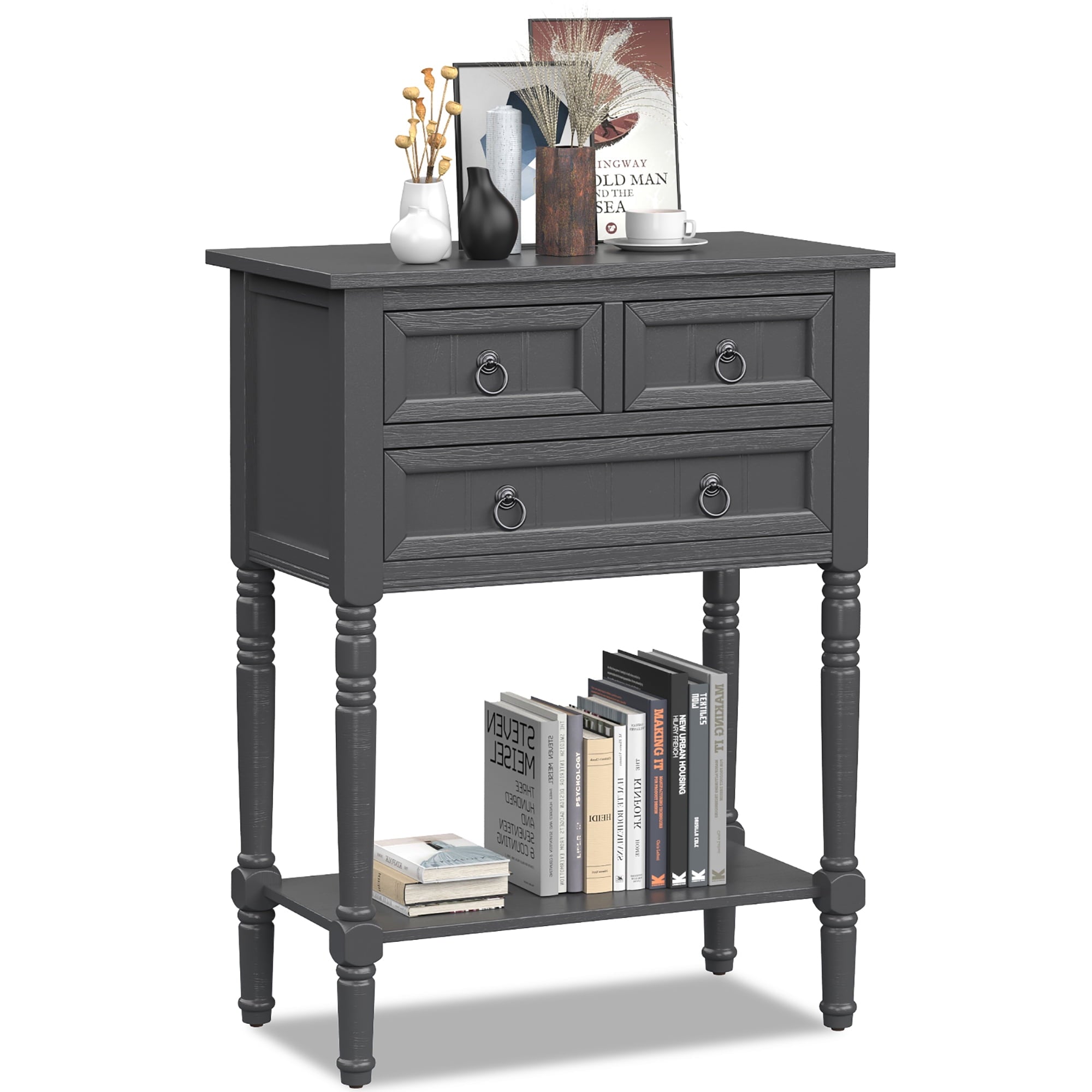 Console Entryway Table w/ 3 Drawers Open Shelf for Hallway Living room Dark Grey