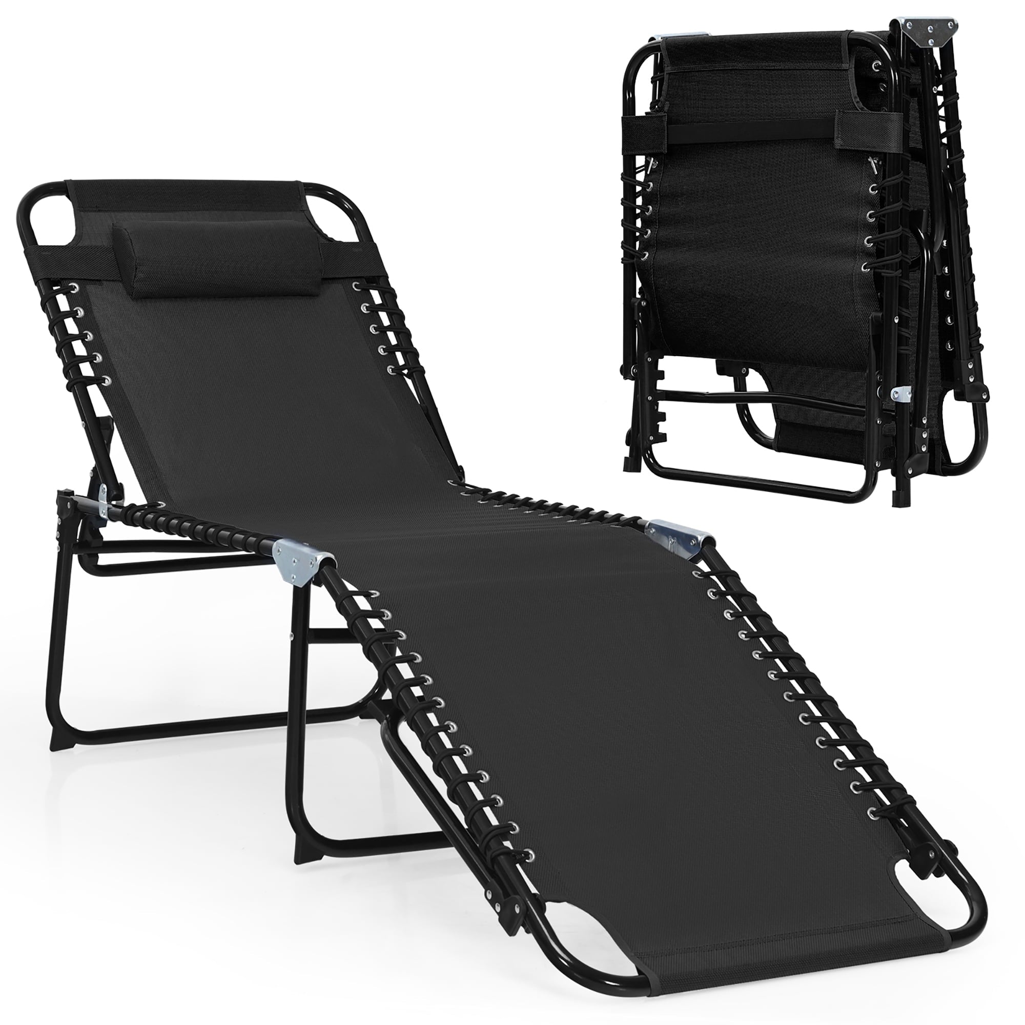 Folding Lounge Chaise 16'' High Recline Chair W/Adjustable Backrest and Footrest Black