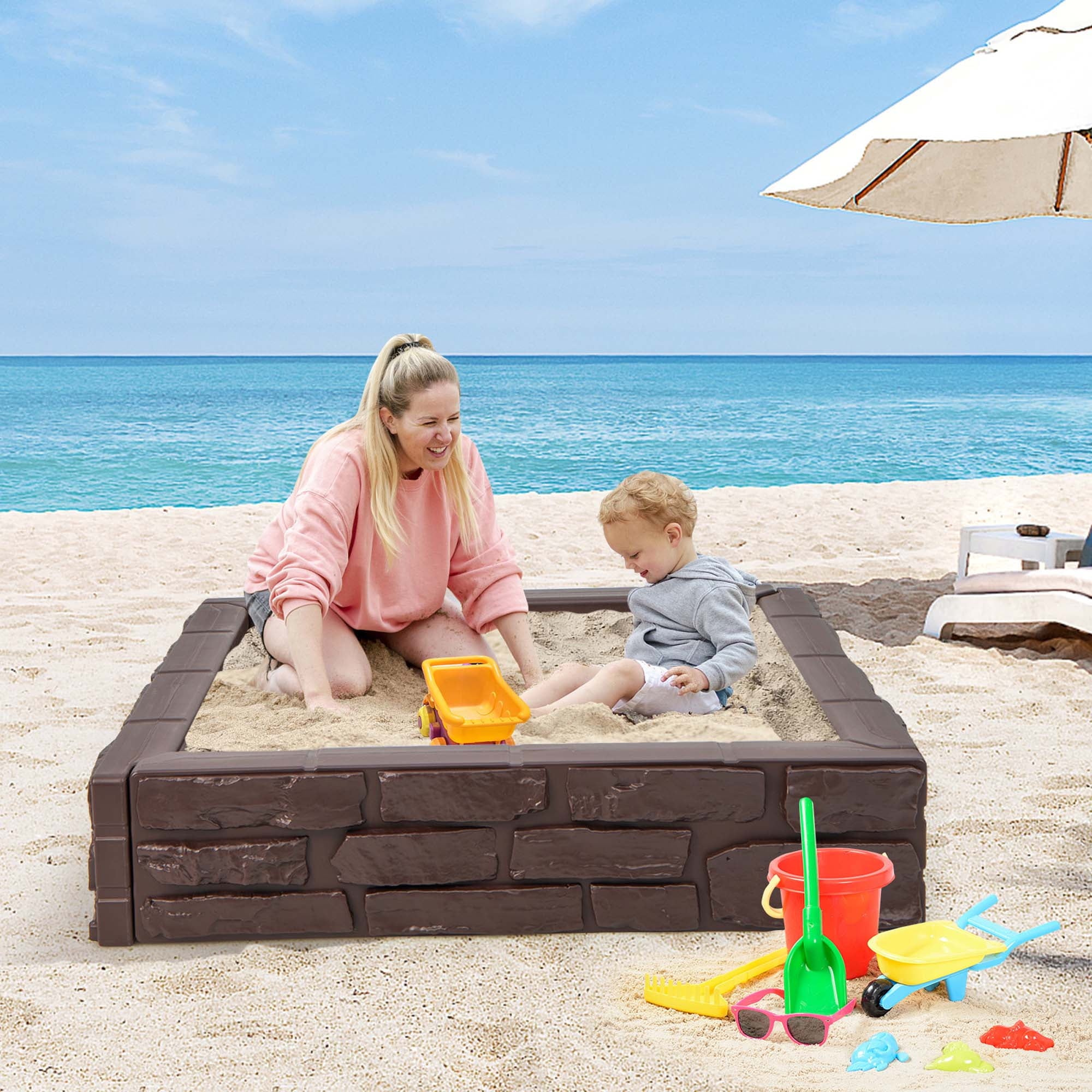 Kids Sandbox with Cover Bottom Liner Backyard Beach HDPE Sandpit for Outdoor Play Brown