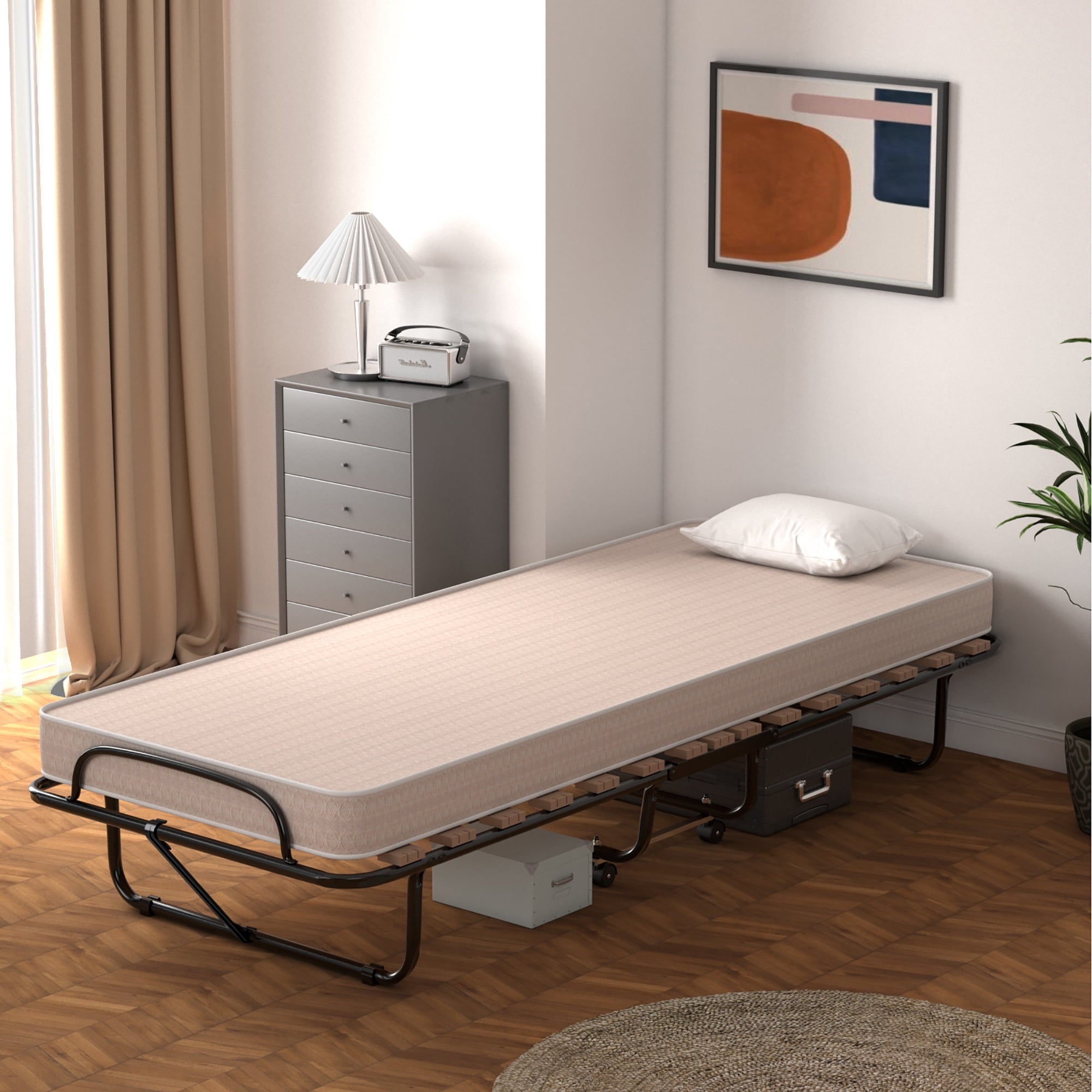 Portable Folding Bed with Memory Foam Mattress Rollaway Cot Beige Made in Italy