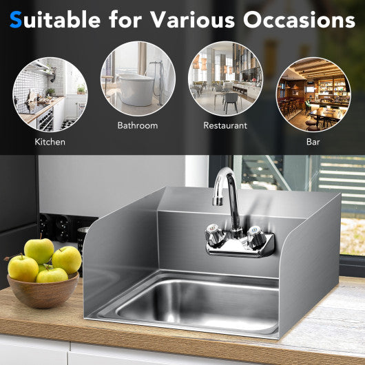 Costway Stainless Steel Sink Wall Mount Hand Washing Sink with Faucet and Side Splash