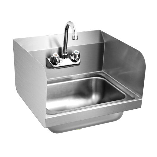 Costway Stainless Steel Sink Wall Mount Hand Washing Sink with Faucet and Side Splash