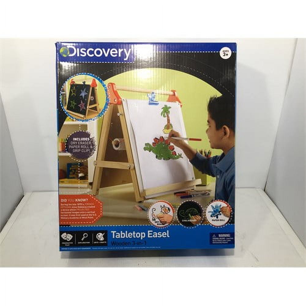 DISCOVERY KIDS 3-in-1 Tabletop Dry Erase Chalkboard Painting Art Easel, Includes Paper Roll and Oversized Clip, 17 x 15 Inch Woo