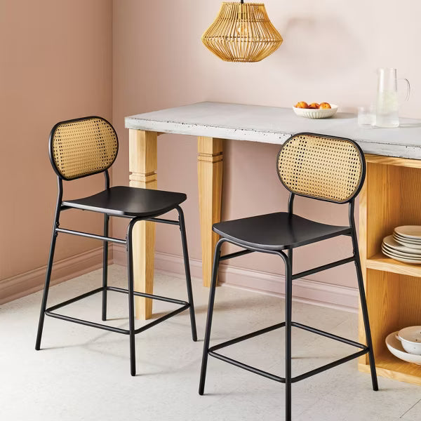 24" Set of 2 Wicker Back Metal Counter Height Barstool Black - Room Essentials