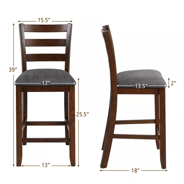 Set of 2 Barstools Counter Height Chairs w/Fabric Seat & Rubber Wood Legs