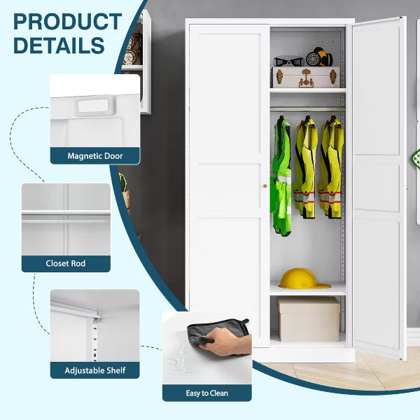 Mlezan 72" Metal Wardrobe: 2 Doors, Hanging Rod, White Cabinet for Bedroom, Laundry, or Office. Perfect for Clothing Storage and Organization.
