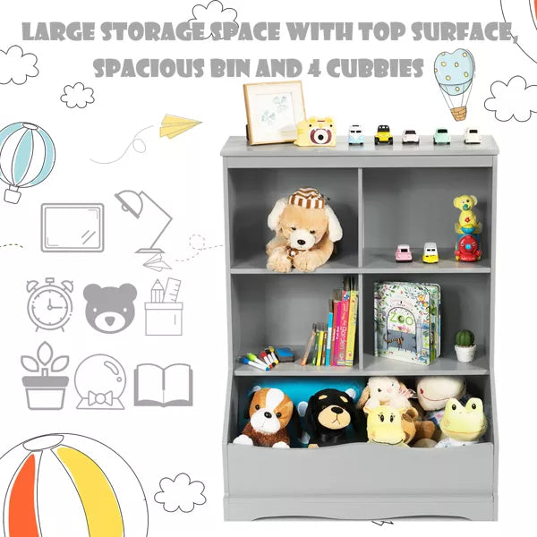 Costway 3-Tier Children's Multi-Functional Bookcase Toy Storage Bin Floor Cabinet GreyWhite