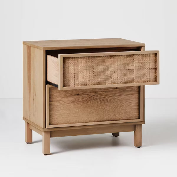 Wood & Cane Transitional Nightstand Natural - Hearth & Hand™ with Magnolia: Square Bedside Table, Metal Hardware