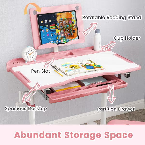 Costway HY10409PI Kids Study Desk & Chair Set with Tilt Desktop & Book Stand, Pink