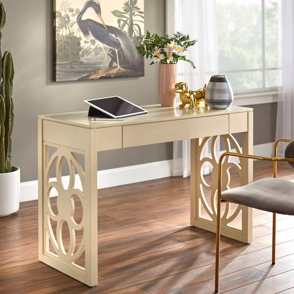 Lifestorey Allegory Floral Panel Legs Desk White: Solid Rubberwood, Floral Panel Legs, Mid-Century Modern, 44" Wide