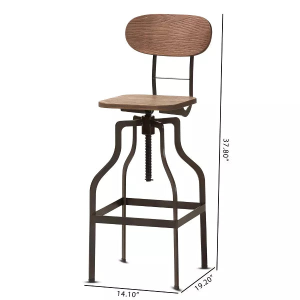 Varek Wood and Rust Finished Steel Adjustable Swivel Barstool Brown - BaxtonStudio: Modern Upholstered, Spot Clean, Metal Frame