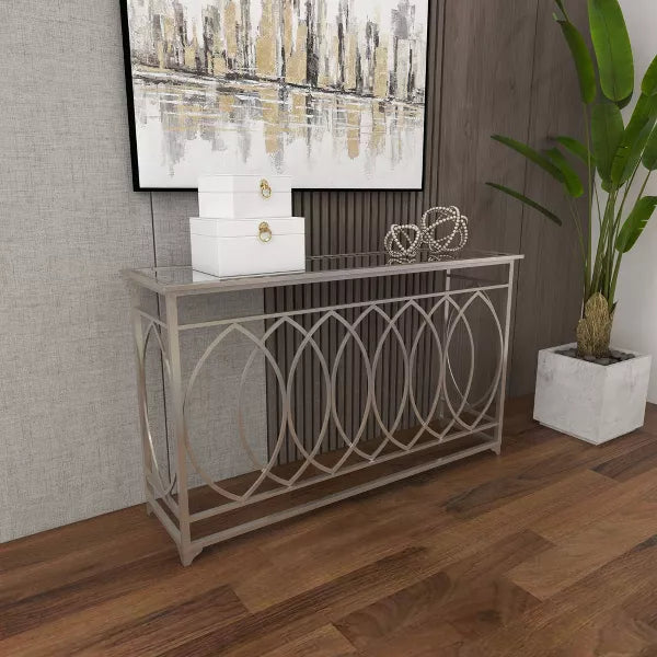 Metal and Mirror Trellis Design Front and Sides Console Table Silver - Olivia & May