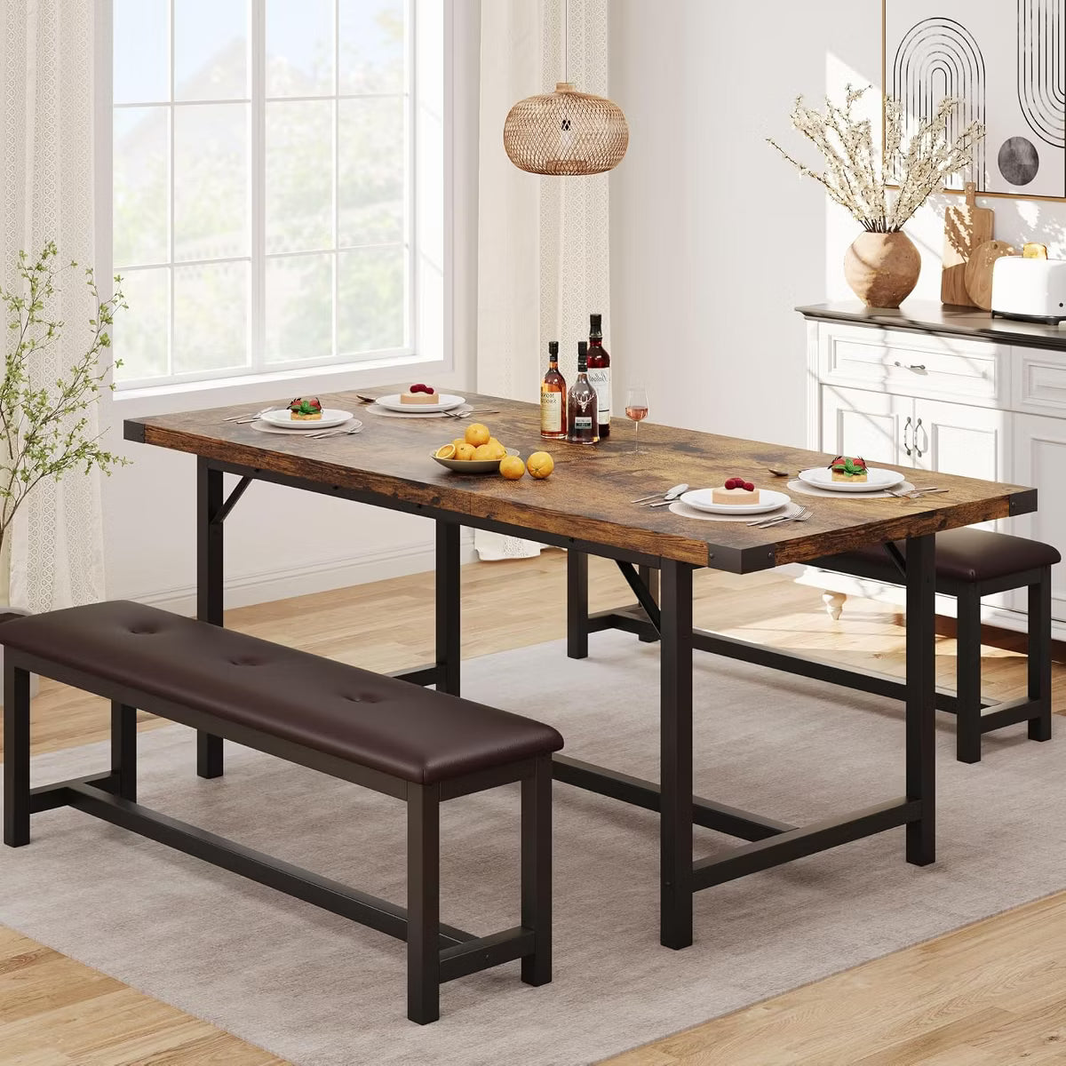 Nasitip 3-Piece Extendable Wooden Dining Set,Stretchable Table with 2 Upholstered Benches, Dining Table Set for 4-6, Space-Saving Retro Farmhouse Set