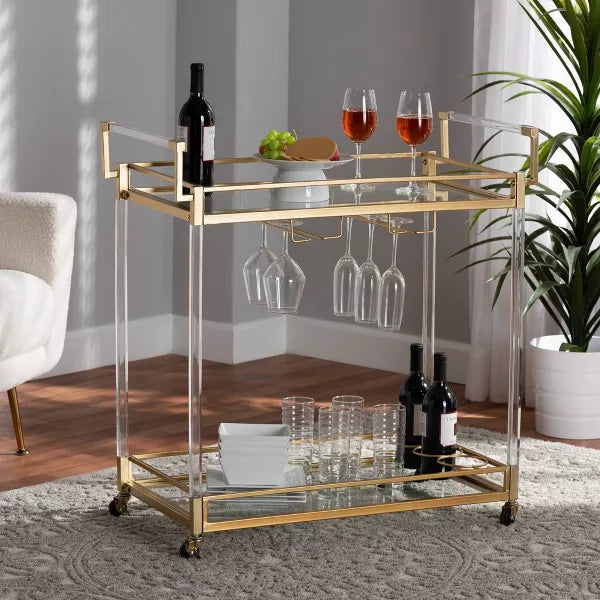 Savannah Metal and Glass Wine Cart Gold/Clear - Baxton Studio