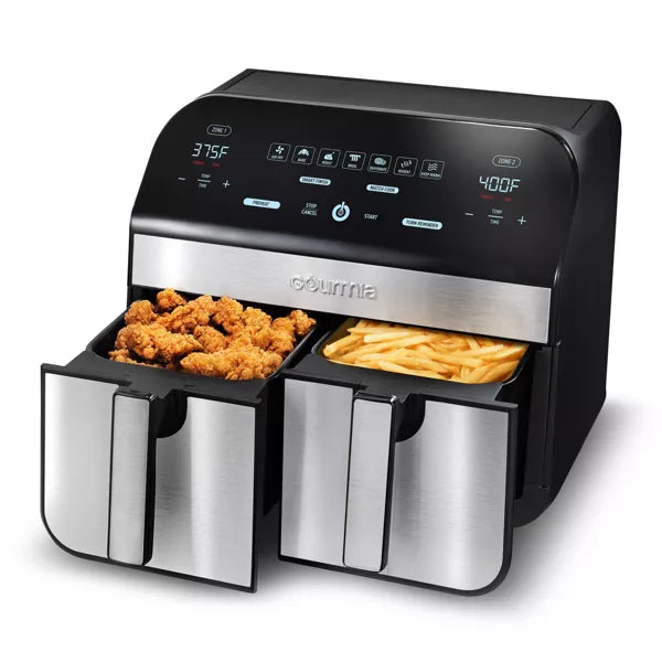 Gourmia 10-Qt. Dual Basket Digital Air Fryer with Smart Finish and Match Cook Black Stainless Steel