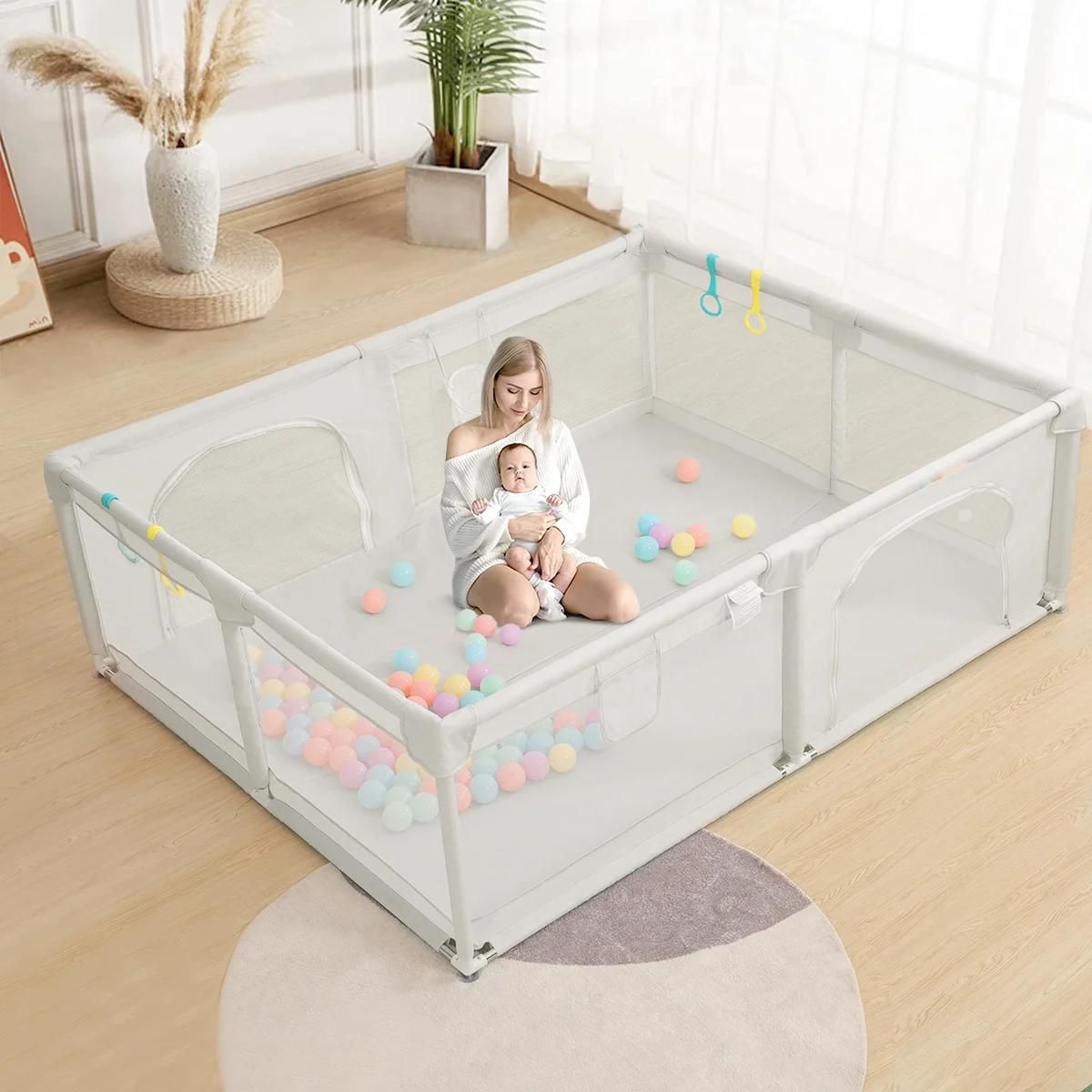 GOTGELIF 79"x63" 4-Panel Baby Playpen Spacious & Secure Portable Playard White