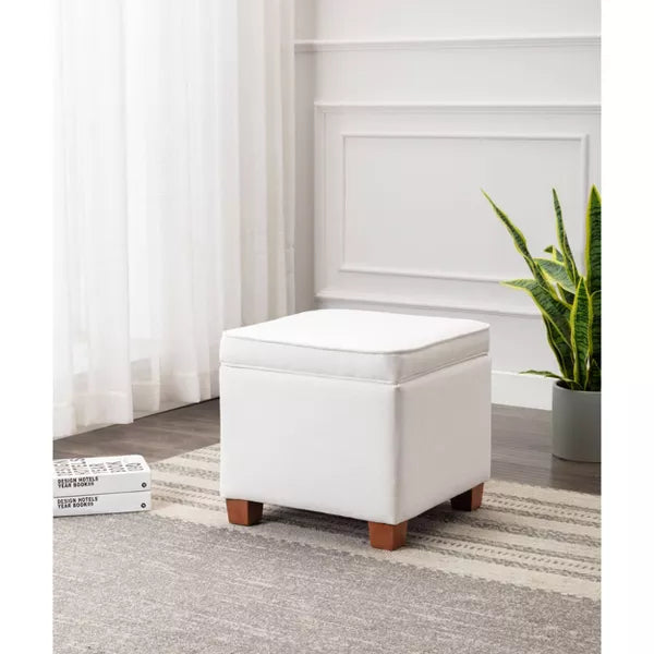 Square Storage Ottoman with Piping and Lift Off Lid - WOVENBYRD (Color Cream)