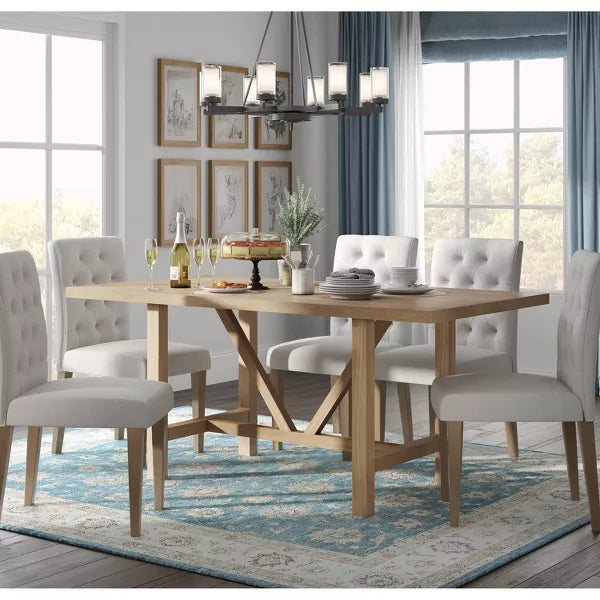 Grant Wood Dining Table Rustic Beige - Finch: Modern Farmhouse Style, Seats Six, Trestle Base