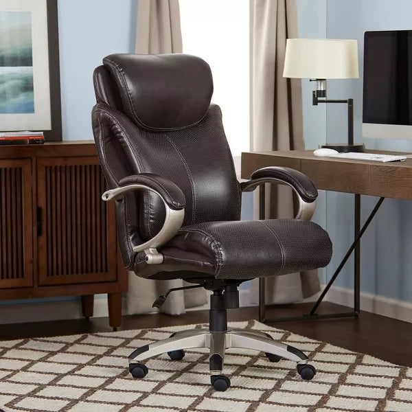 Serta AIR Health & Wellness Big & Tall Executive Chair Brown Leather: Ergonomic, Adjustable, Swivel, Modern Style