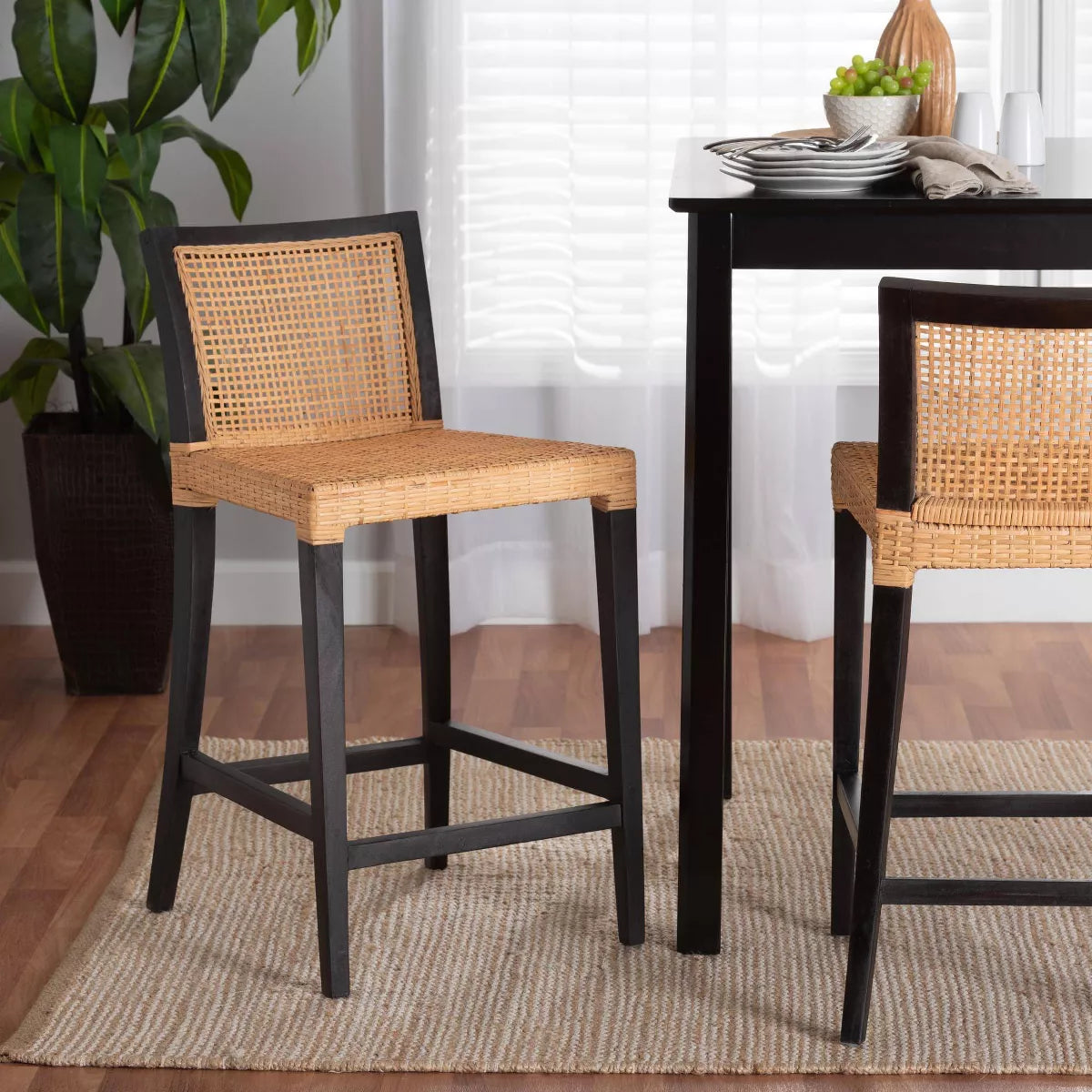 Baxton Studio Lingga Mahogany Wood and Natural Rattan Counter Height Barstool Dark Brown/Natural Brown: Fixed Height, No Assembly Required