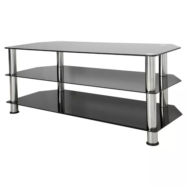 Glass Shelves TV Stand for TVs up to 55" - Silver/Black: Chrome Legs, Corner Fit, Open Design