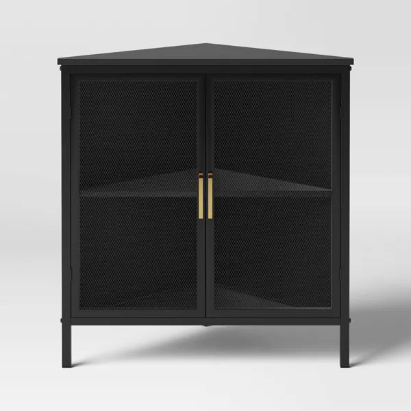 Mesh Corner Cabinet Black - Threshold™: Sleek Metal Storage with Golden Handles, V-Shaped Design