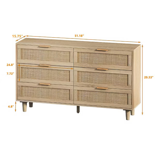 51.18" 6-Drawer Rattan Dresser, Storage Cabinet for Living Room and Bedroom, Natural - ModernLuxe