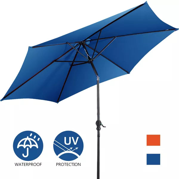 9FT Patio Umbrella Patio Market Steel Tilt W/ Crank Outdoor Yard Garden Blue