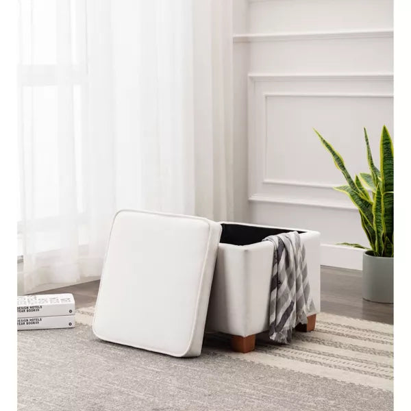 Square Storage Ottoman with Piping and Lift Off Lid - WOVENBYRD (Color Cream)