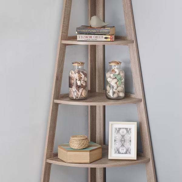 63" x 26.5" Five-Tier Pyramid Corner Ladder Shelf Weathered Oak - Danya B.: Modern Display, Open Shelves