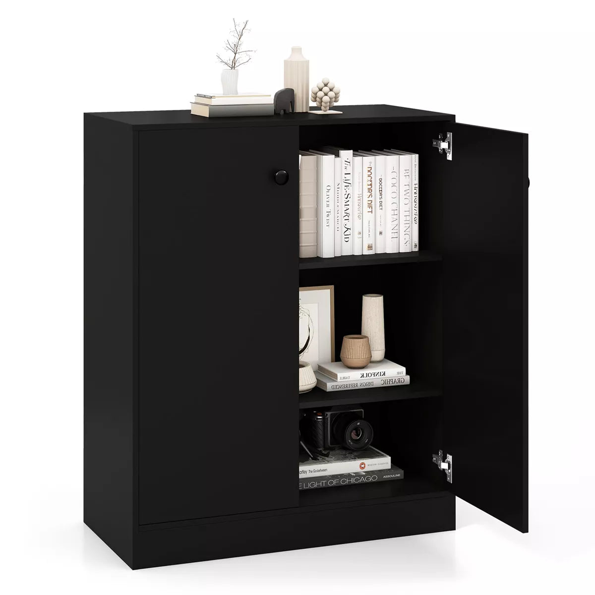 2-Door Storage Cabinet Freestanding Storage Organizer with 3-Tier Shelf Entryway Black/Brown