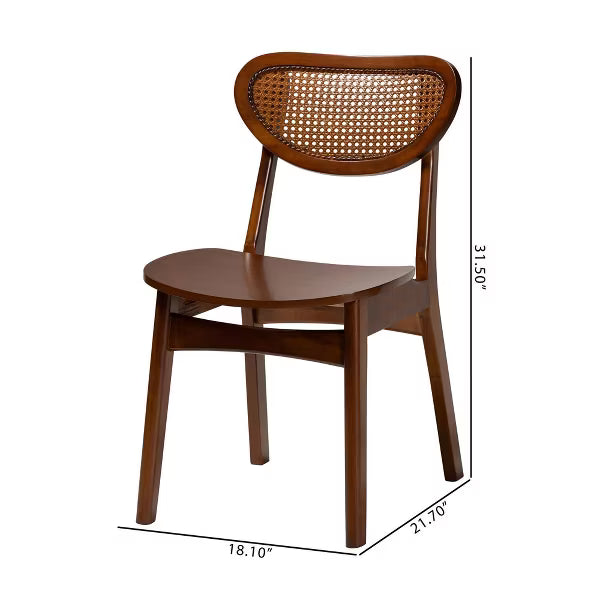 Baxton Studio 2pc Hesper Wood and Rattan Dining Chair Set Walnut Brown/Light Brown: Mid-Century, Crescent Backrest, Angled Legs
