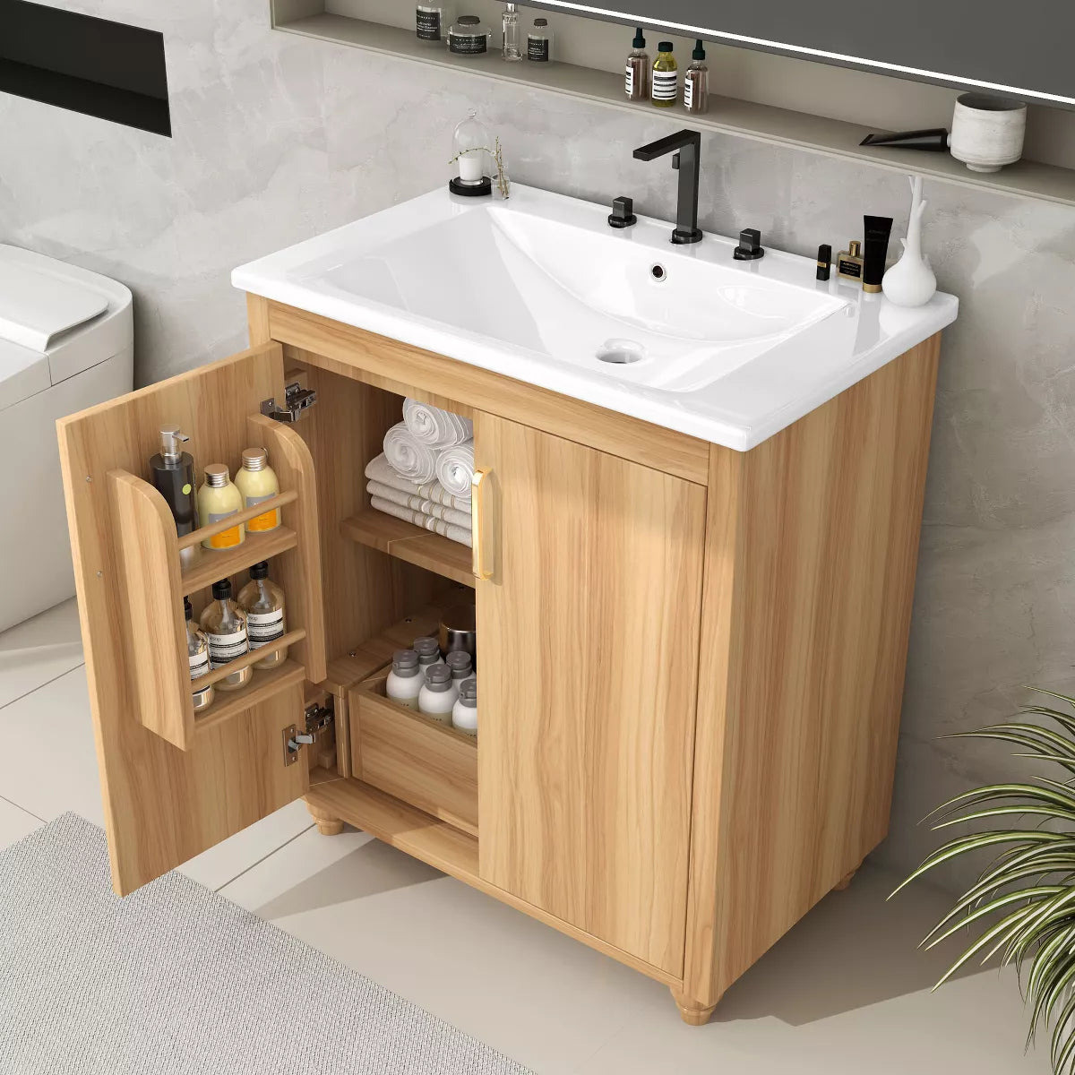 30"W Bathroom Vanity with Sink, Multi-Functional Bathroom Cabinet with Storage Rack and Functional Drawer with Slides, Natural-ModernLuxe