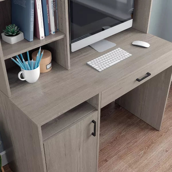 BeginningsDesk with Hutch Silver Sycamore - Sauder: Home Office Desk, Safety Stop Drawer, Cord Management