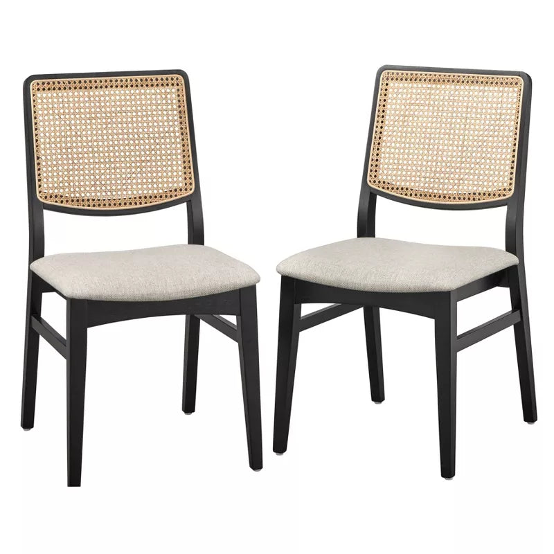 Set of 2 Gilcrest Cane Back Dining Chair Black/Natural - Lifestorey: Mid-Century Modern, Rubberwood Frame, Gray Upholstery