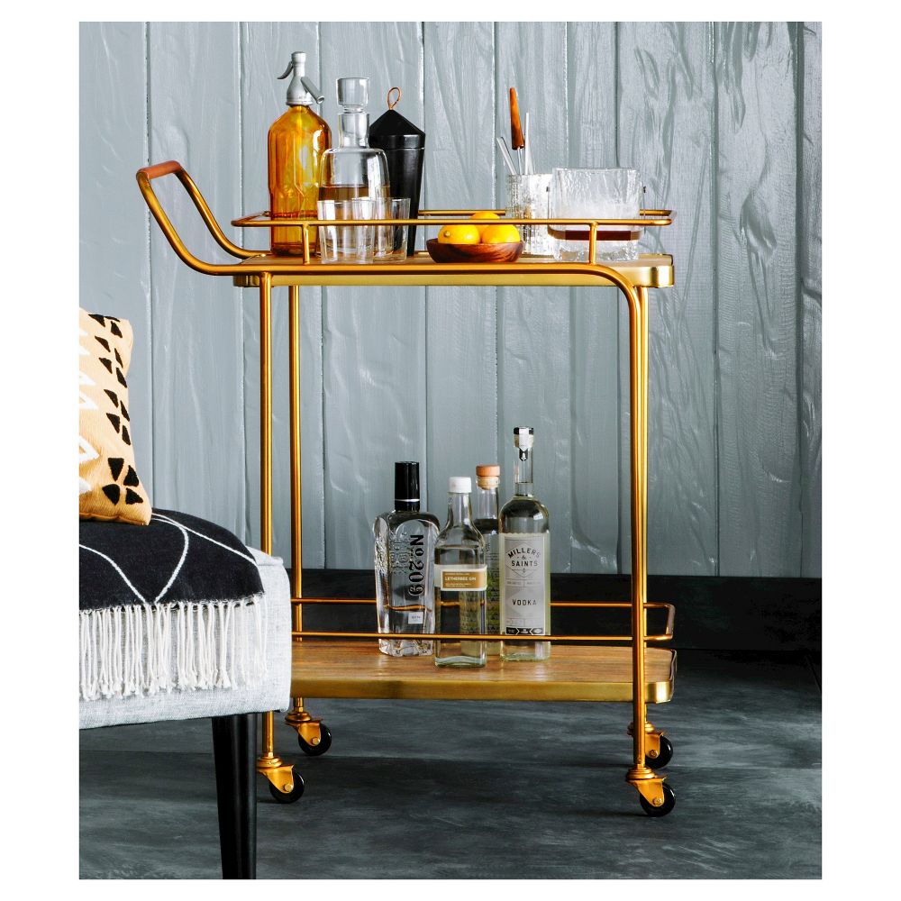 Metal, Wood, and Leather Bar Cart - Gold - Threshold™: Beverage Serving Cart with Casters, Indoor Use