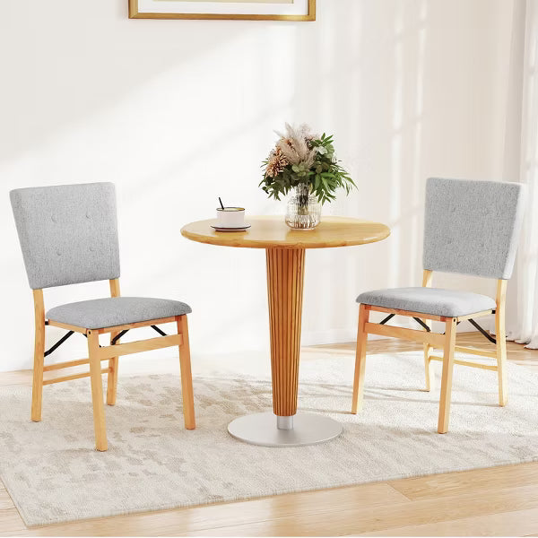 Costway Foldable Dining Chair Set of 2 w/Padded Seat & Tilt Backrest Rubber Wood Legs Grey