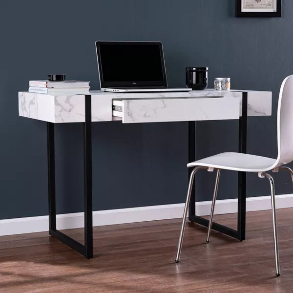 Wennan Modern Faux Marble Desk Black/White - Aiden Lane: Sturdy Iron Frame, Spacious Worktop