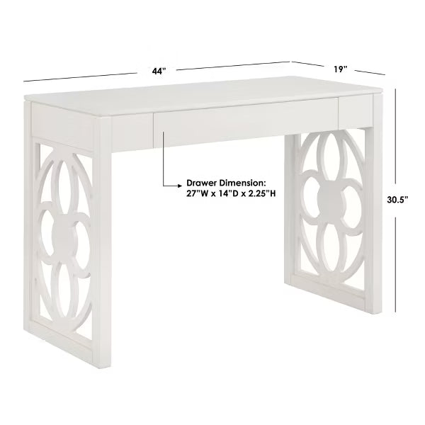 Lifestorey Allegory Floral Panel Legs Desk White: Solid Rubberwood, Floral Panel Legs, Mid-Century Modern, 44" Wide