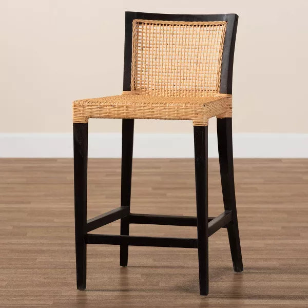 Baxton Studio Lingga Mahogany Wood and Natural Rattan Counter Height Barstool Dark Brown/Natural Brown: Fixed Height, No Assembly Required